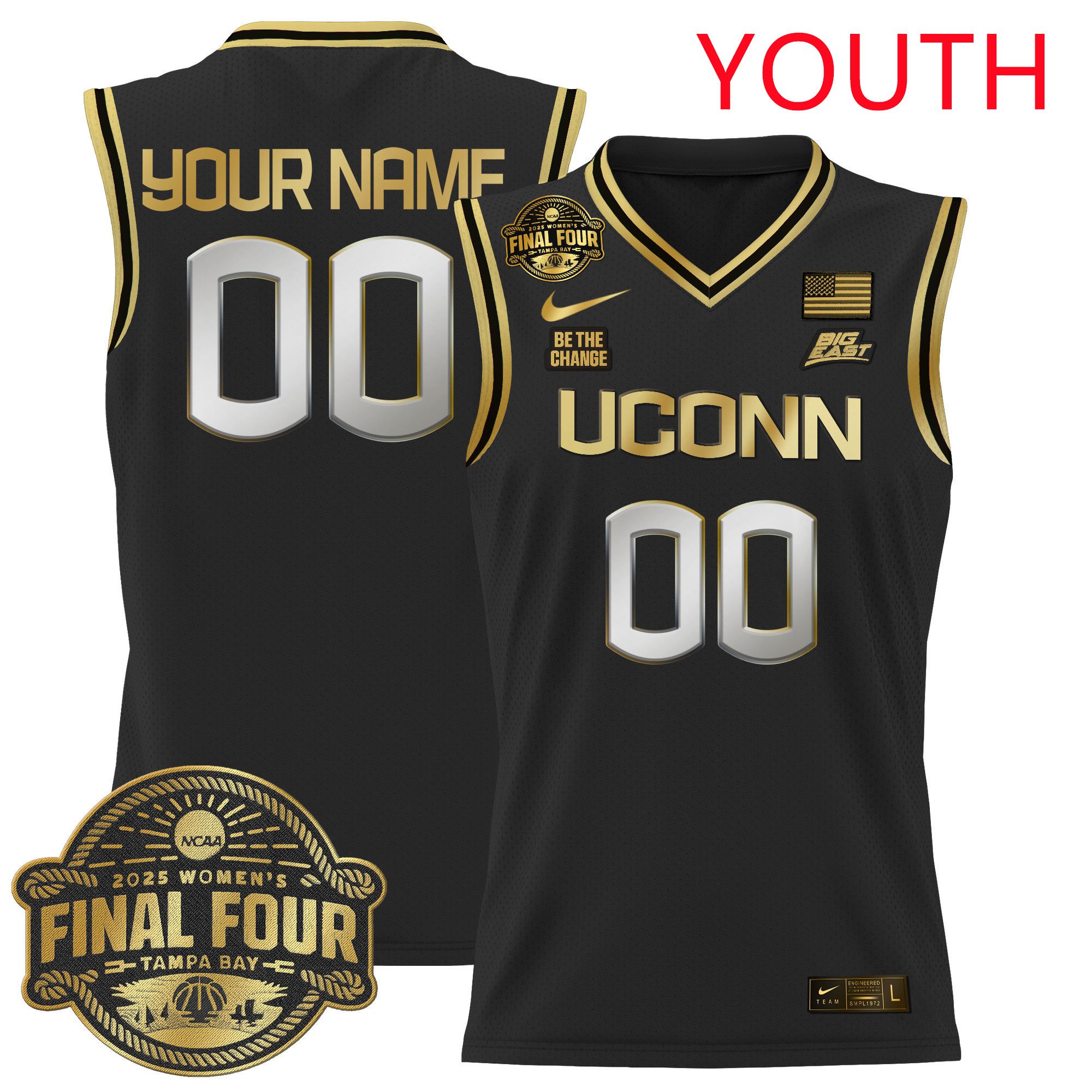 Youth UConn Huskies Black Nike 2025 Big Eat Final Four Patch Lightweight Basketball Custom NCAA Jersey